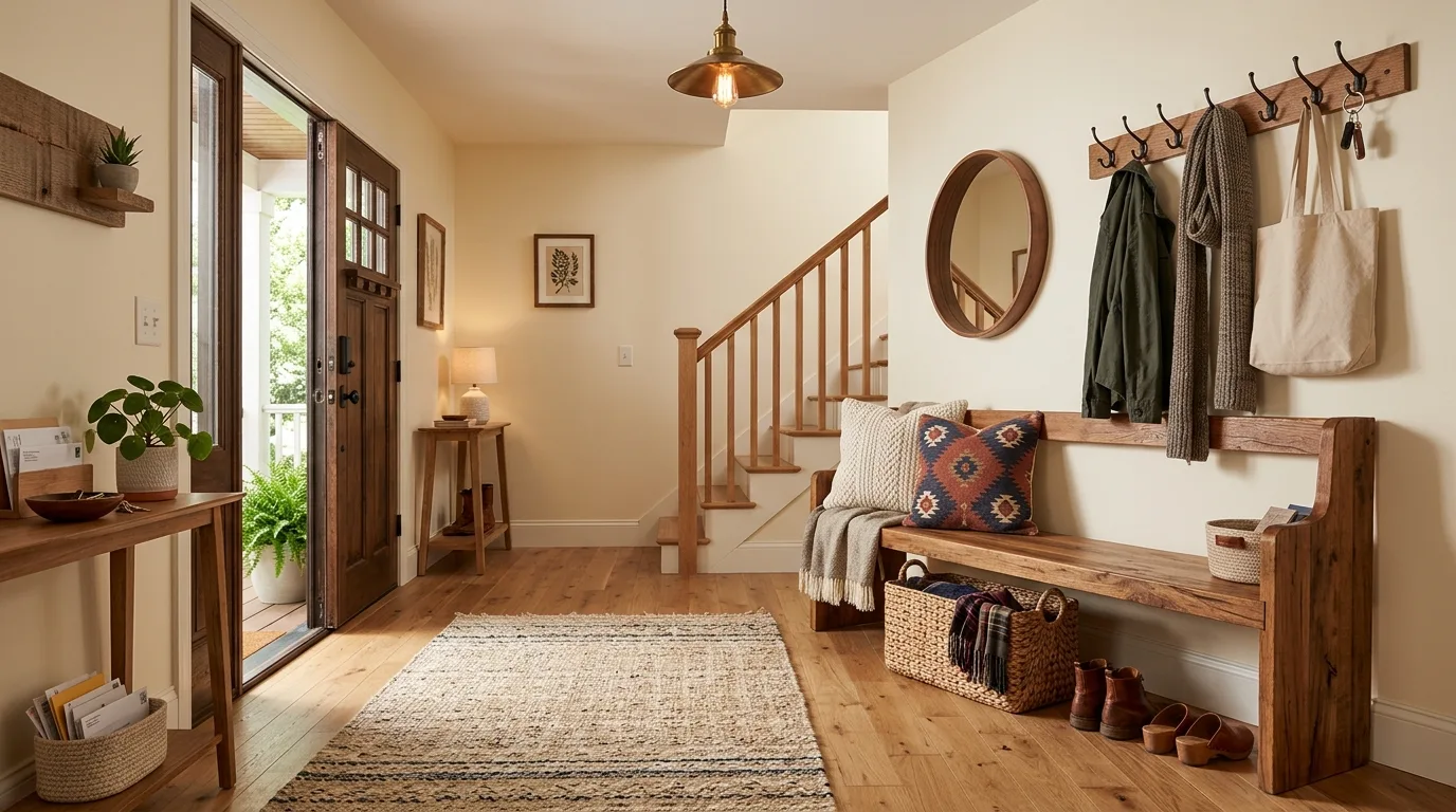 Add a rug that anchors the entry with softness inspiration for an entryway.